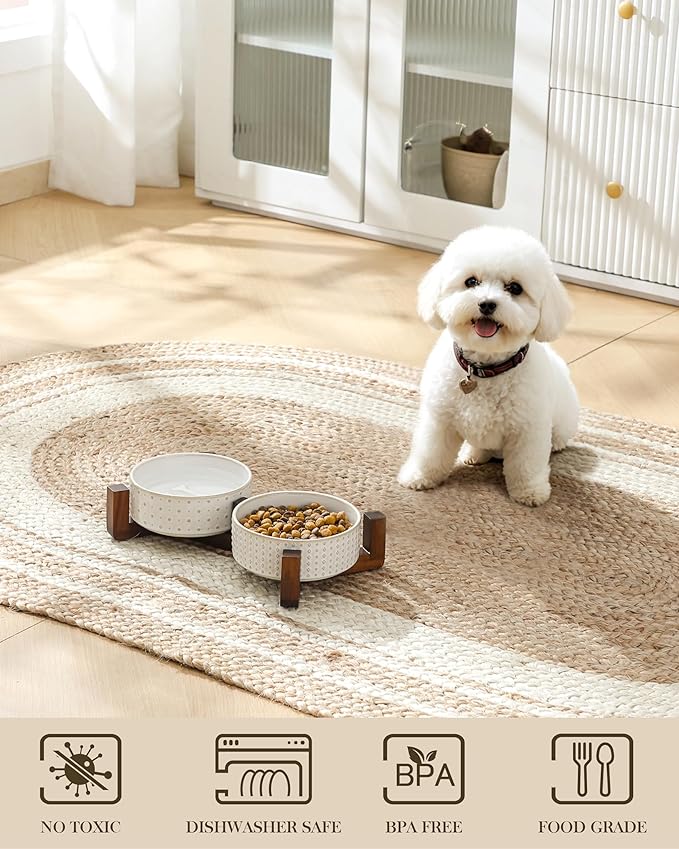 MALACASA Dog Bowl Set with Walnut Wood Stand, 1.5 Cups Ceramic Pet Bowls for Puppy Dogs, Dual Food and Water Bowls with Weighted Non-Slip Base, Basic Bowls for Your Dog or Cat, Rhombic & Polka Dots