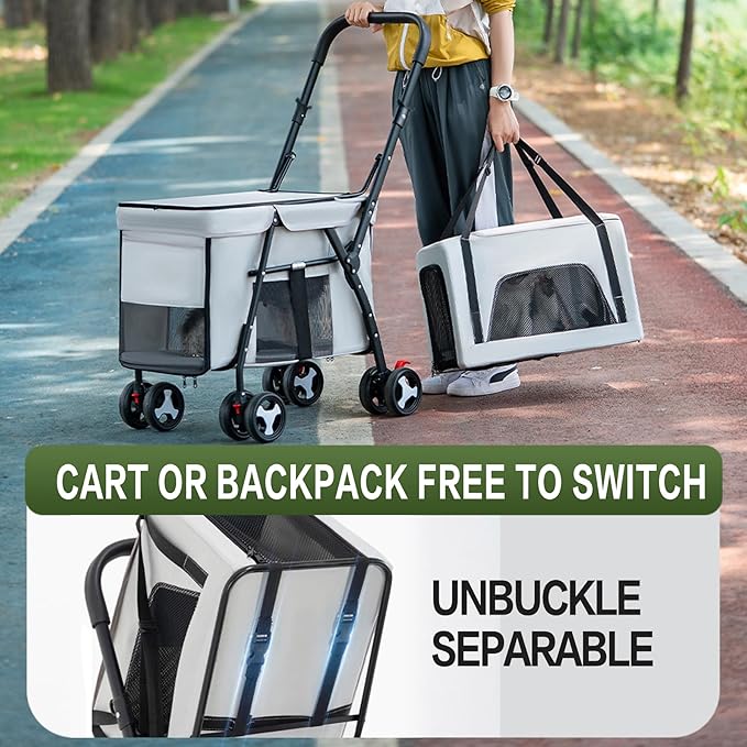 Pet Stroller Double Deck 4 Wheels - Easy-Fold Dog Cat Stroller for Small Medium Dog Cats Carrier, Travel Folding Carrier Breathable and Visible Mesh with Cup Holder（Gray）