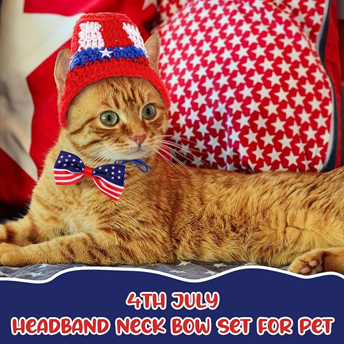 Ganeen 4 Pcs Independence Day Cat Costume 4th of July Pet Hat Headband American Flag Bow Tie Dog Cap USA Small Animal Top Hats National Day Bowtie Collar Costume for Rabbits Kittens Guinea Puppies
