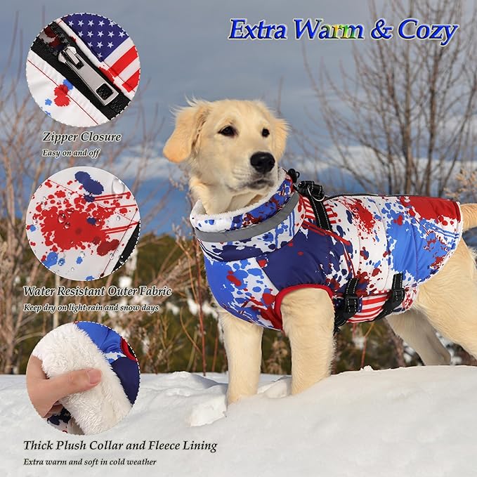 Dogcheer Dog Winter Coat, American Flag Dog Jacket with Harness, Adjustable Puppy Coat with Zipper, Waterproof Pet Fleece Jacket Snowsuit for Small Medium Large Dogs - US Flag S