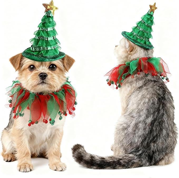 Cat Christmas Costume with Tutu Collar & Green Shiny Hat - Festive Outfit for Cats, Small Dogs, Holiday Party Dress Up for Thanksgiving, Christmas, Birthday Photos