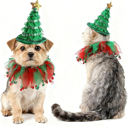 Cat Christmas Costume with Tutu Collar & Green Shiny Hat - Festive Outfit for Cats, Small Dogs, Holiday Party Dress Up for Thanksgiving, Christmas, Birthday Photos