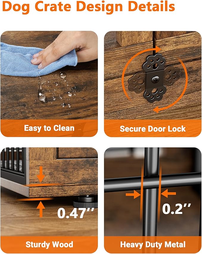 Dog Crate Furniture with Cushion Set of 2, Wooden Dog Kennel Indoor with Double Doors, Dog Cage with Wheels, Dog House Side End Table for Small Dogs up to 30 lb, 27.2" L, Rustic Brown