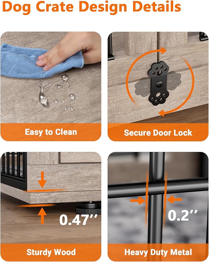 Dog Crate Furniture with Cushion Set of 2, Wooden Dog Kennel Indoor with Double Doors, Dog Cage with Wheels, Dog House Side End Table for Small Dogs up to 30 lb, 27.2" L, Grey