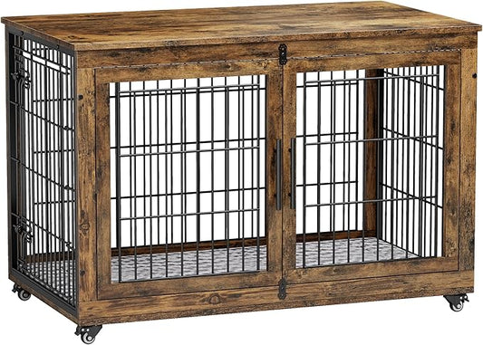 Lulive Dog Crate Furniture, XL Wooden Dog Kennel Indoor Double Doors Dog Cage, 44'' Heavy Duty Dog Crate with Cushion & Wheels, Decorative End Table Pet House Chew-Resistant for Large Dogs, Brown