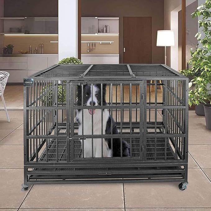 Confote 48" Heavy Dog Duty Cage Metal Indestructible Dog Kennels Crate for Large Dogs with Double Doors & Lockable Wheels