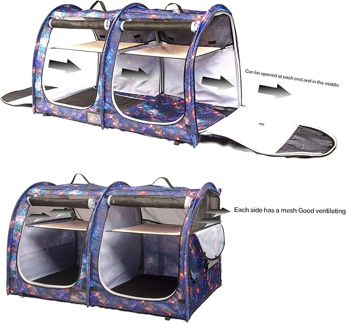 Mispace Portable Twin Compartment Show House Cat Cage/Condo - Easy to Fold & Carry Kennel - Comfy Puppy Home & Dog Travel Crate with Portable Carry Bag/Two Hammocks/Mats and Collapsible Litter Box