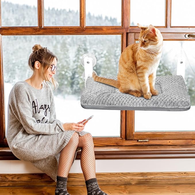 2 Pcs Cat Window Perch Hammock with 2 Pcs Blanket Cushion Cover and 8 Strong Suction Cups, Sturdy Metal Frame, Window Bed for Large Cats, 12 x 20.5 Inch