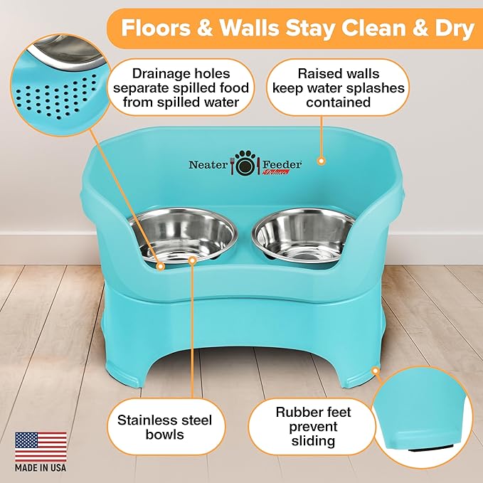 Neater Pet Brands Neater Feeder Deluxe Mess Proof Dog Bowls Elevated for Large Dogs Over 40 lbs, Made in USA, No Spill Raised Dog Food Bowl Stand Feeding Station, Food and Water Bowl Set, Aquamarine