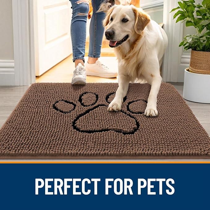 OLANLY Dog Door Mat for Muddy Paws 36x24, Paw Print Design, Absorbs Moisture and Dirt, Absorbent Non-Slip Washable Doormat, Quick Dry Chenille Mud Mat for Dogs, Entry Indoor Entryway Carpet, Mocha