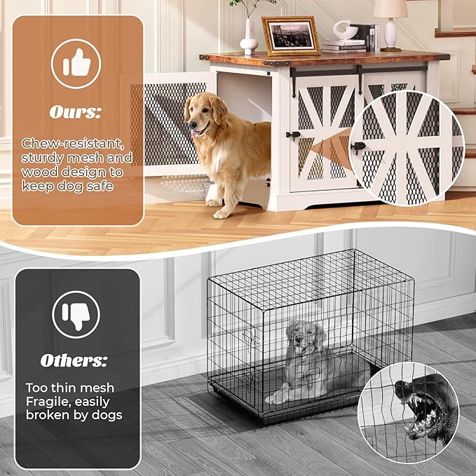 VOPEAK 40" Farmhouse Dog Crate Furniture, Heavy Duty Dog Crate for Medium Large Dogs, Dog Cage Dog Kennel Indoor with Double Doors, Chew Resistant End Table for Bedroom Living Room, White