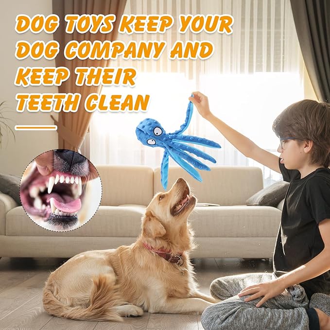 2 Pcs Octopus Dog Toys, No Stuffing Squeaky Dog Toys Chew Toys for Dogs Puppy Toys Indestructible Dog Toy for Small & Medium & Large Dogs (Blue,Purple)