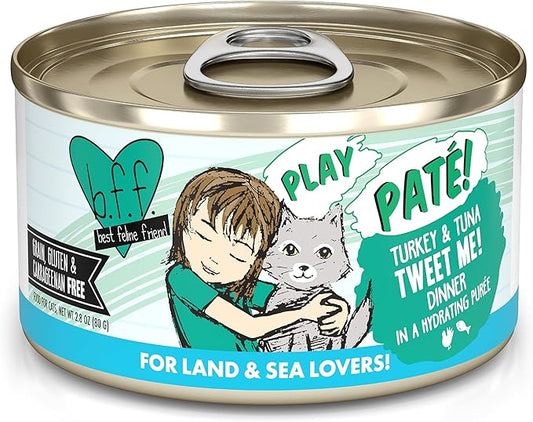 Weruva B.F.F. Play - Best Feline Friend Paté Lovers, Aw Yeah!, Turkey & Tuna Tweet Me! with Turkey & Tuna, 2.8oz Can (Pack of 12)
