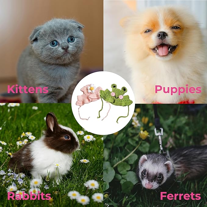 2Pcs Cute Knitted Rabbit Hat, Funny Bunny Hats for Pet Rabbits Large Guinea Pig Small Dog Cat Pet Bunny Costume for Birthday Party Christmas Halloween Easter Travel Accessories (Frog and Flower)