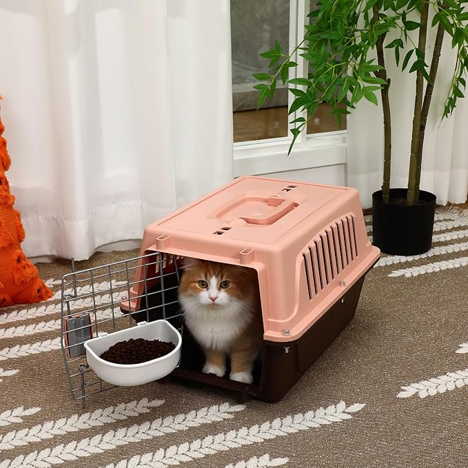 2 Set 18.9" Pet Carrier for Small Cats and Dogs, Hard Sided Plastic Cat Kennel for Pet with Front Door Security Lock Fully Breathable Travel Crate, up to 13 Lbs(Brown,18.9 x 12.6 x 11.8 Inch)