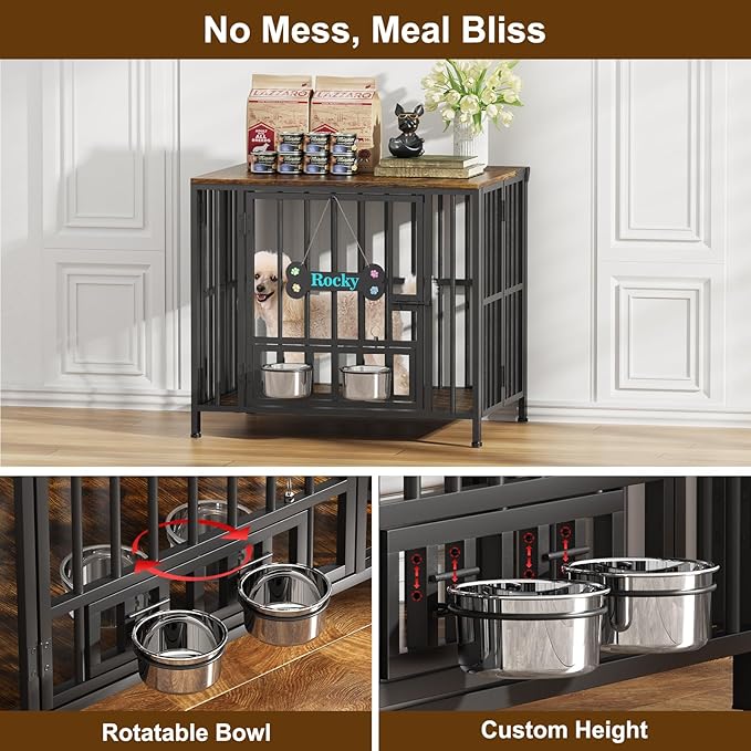 Easycom 27" Dog Crate Furniture Foldable, No Assembly Decorative Dog Kennel Indoor, Dog Crates for Small Dogs (Under 20 lb), Wooden Dog Cage with Adjustable Bowls and Name Tag, End Table, Rustic Brown