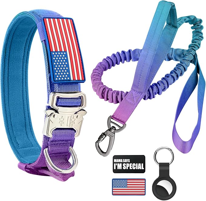 Tactical Dog Collar and Bungee Leash,Military Dog Collar & Leash Set with USA American Flag Adjustable K9 Collar with Heavy Duty Metal Buckle & Handle,with Patches and Airtags Case (Gradient, L)