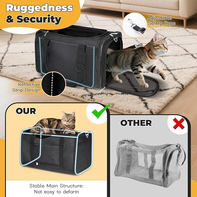 YUDODO 25 lbs Lightproof Soft Sided Large Cat Carrier for Small Pet Dog Airline Approved Travel Bag Puppy Carriers with Side Pockets & Reflective Mesh, Foldable Portable for Outdoor Car Black