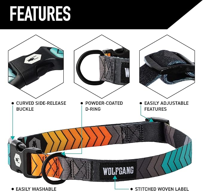 Wolfgang Heavy Duty Martingale Dog Collar with Quick Release Nylon Buckle for Walking & Training, ChevTech Print, Small