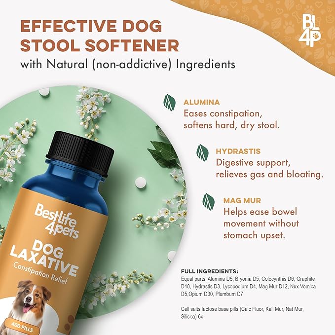 Dog Laxative Constipation Relief, Dog Stool Softener Remedy Eases Irregular Bowel Movements, Scooting & Rectal Itching; Supports Canine Digestion & Canine Gas Relief, 400 Odorless, Tasteless Pills