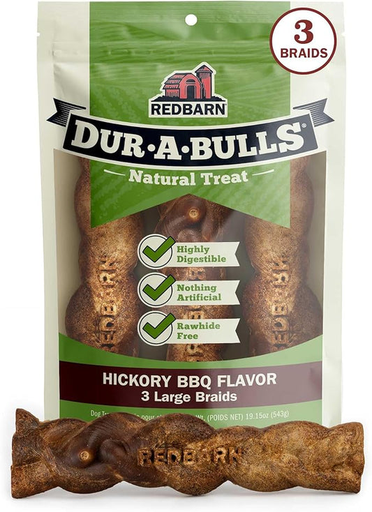 Redbarn Natural Dur-A-Bulls Treats for Dogs - 3 Large Braids - Hickory Flavor - Made in USA Long Lasting 100% Edible No Artificial Ingredients or Plastic