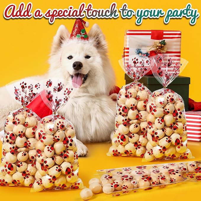 Blulu 100 Pieces Dog Treat Bags Puppy Party Favor Pet Paw Cone Cellophane Bags Candy Heat SealableDog Paw Gift with 100 Pieces Silver Twist Ties for Pet Cat Treat Party Favor(Red and Black)