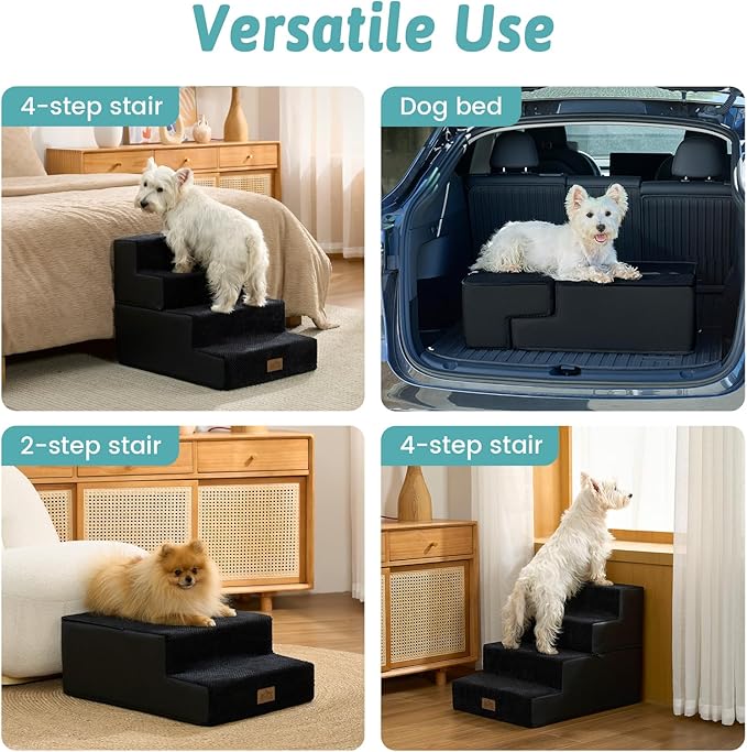 Dog Stairs for Small Dogs, 4 Tier Removable Pet Stairs for Couch and Bed, 17.7" H Dog Steps for Old Cats, Puppy, Small Dogs, 15.7x23.6x17.7 inch, Black