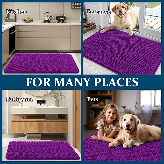 OLANLY Dog Door Mat for Muddy Paws 36x24, Absorbs Moisture and Dirt, Absorbent Non-Slip Washable Doormat, Quick Dry Chenille Mud Mat for Dogs, Entry Indoor Entryway Carpet for Inside Floor, Purple