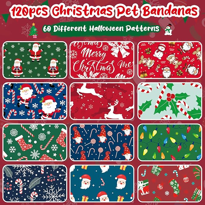 Amylove 120 Pcs Halloween Dog Bandanas Bulk Holiday Triangle Dog Pack Puppy Kerchief Bandana Adjustable Pet Scarf for Pet Cat Costume Accessories Decor(Snowman)