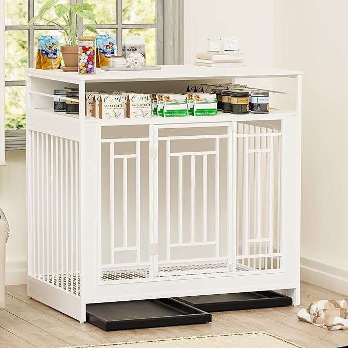43.3" Dog Crate Furniture for Large Breeds, Wooden Dog Kennel with Divider & Double Doors, Large Drawer Storage, Heavy Duty Indoor Dog Cage, Decorative Pet House for Living Room & Bedroom, White