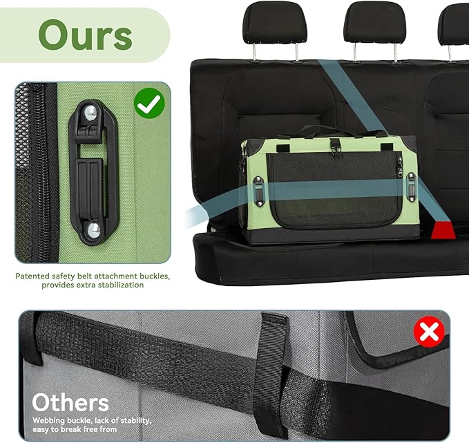 PETSFIT Soft Dog Crate, Dog Car Crate with Safety Belt Attachment Buckles and Thicken Mat, Adjustable Crate Cover, Portable & Collapsible Cat Crate Puppy Carrier Kennel, Green 20 inch