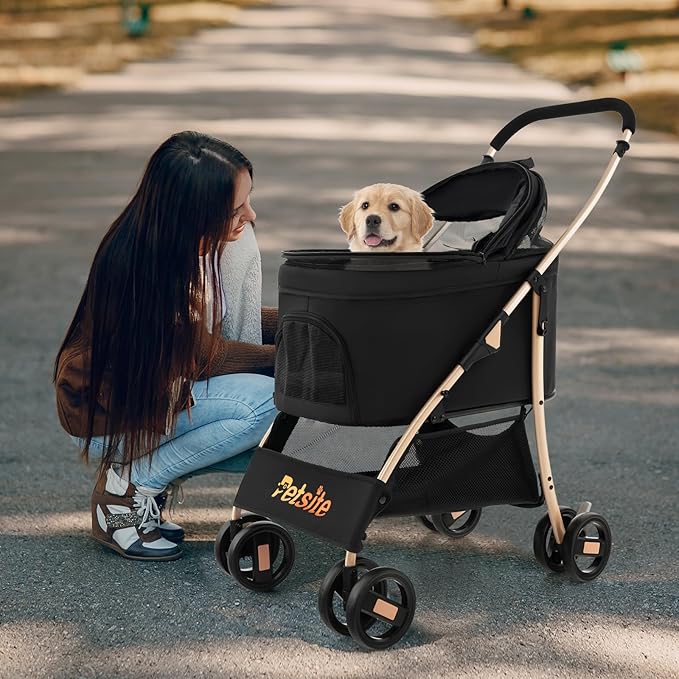 PETSITE 3-in-1 Pet Stroller, Portable Folding Dog Cat Stroller with Removable Car Seat Carrier, Adjustable Canopy, Zippered Mesh Entry and Storage Basket, Ideal for Small or Medium Sized Dogs