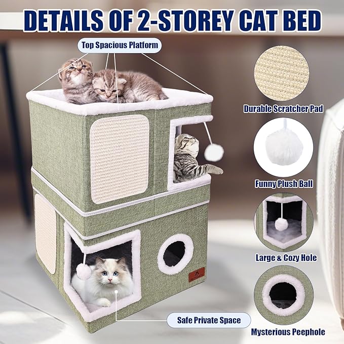 2-Story Cat House for Indoor Cats, Dual-Purpose Cave Bed with Scratch Pad and Fluffy Ball, Foldable Cat Hideaway, Cute Condo Furniture for Multi Small Pet Kitten, Green