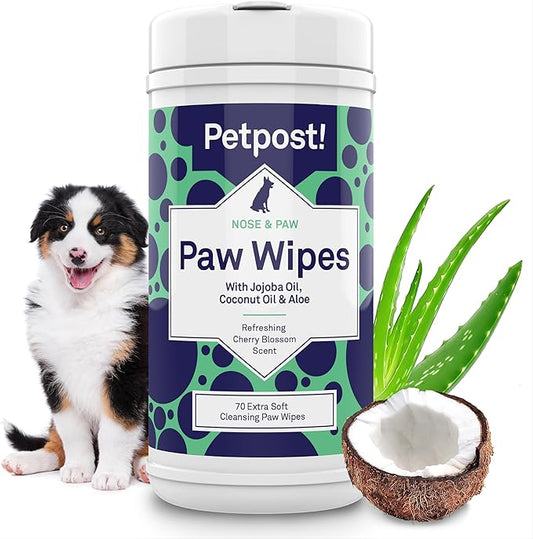 Petpost Paw Wipes for Dogs | 70 Count Dog Paw Cleaner Wipes with Coconut Oil, Jojoba Oil & Aloe | Gentle Pet Wipes for Paws | Large Ultra Soft Cotton Pads, Cherry Blossom Scent