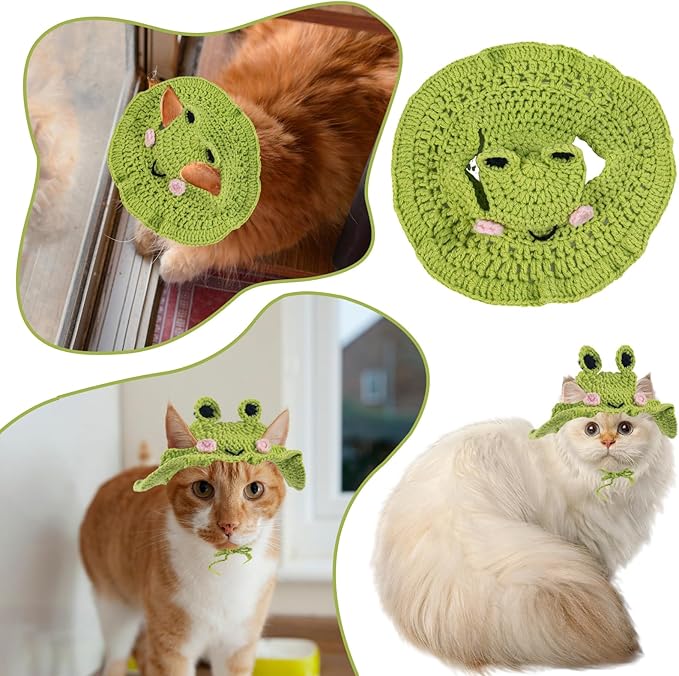 Frog Cat Hats, Cotton Cat Clothes, Cute Themed Knit Cats Bonnet for Costumes, Halloween, Christmas, Holiday Party