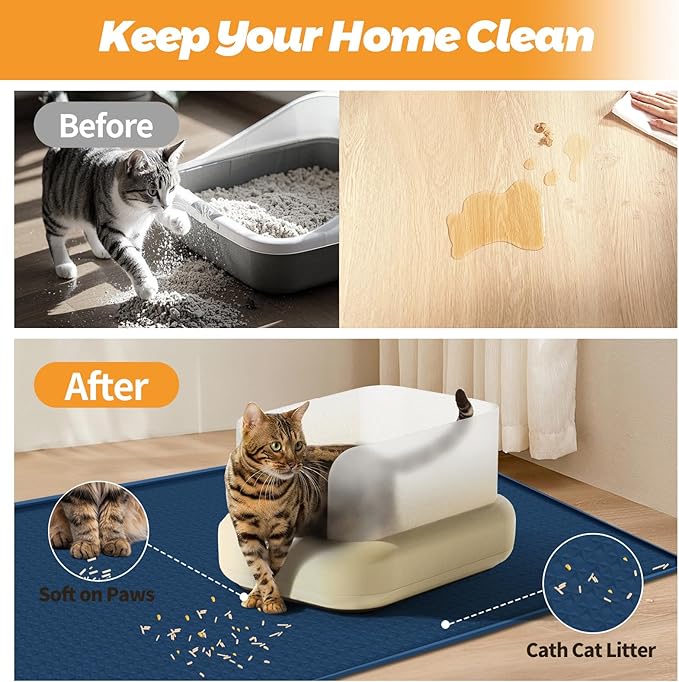 Cat Litter Mat, Extra Large 51" x 25.6" Silicone Mat Litter Trapping Mat for Scatter Control, Soft on Kitty Paws, Easy to Clean (Navy Blue)