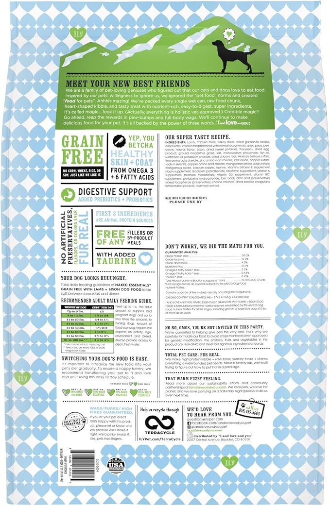 I and love and you Naked Essentials Dry Dog Food - Lamb + Bison - High Protein, Real Meat, No Fillers, Prebiotics + Probiotics, 23lb Bag