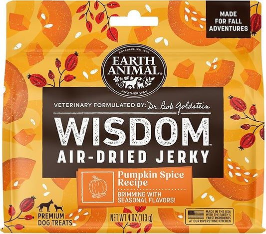 Earth Animal Wisdom Air-Dried Seasonal Pumpkin Spice Recipe Premium Natural Jerky Strips Dog Treats, 4 oz. Bag