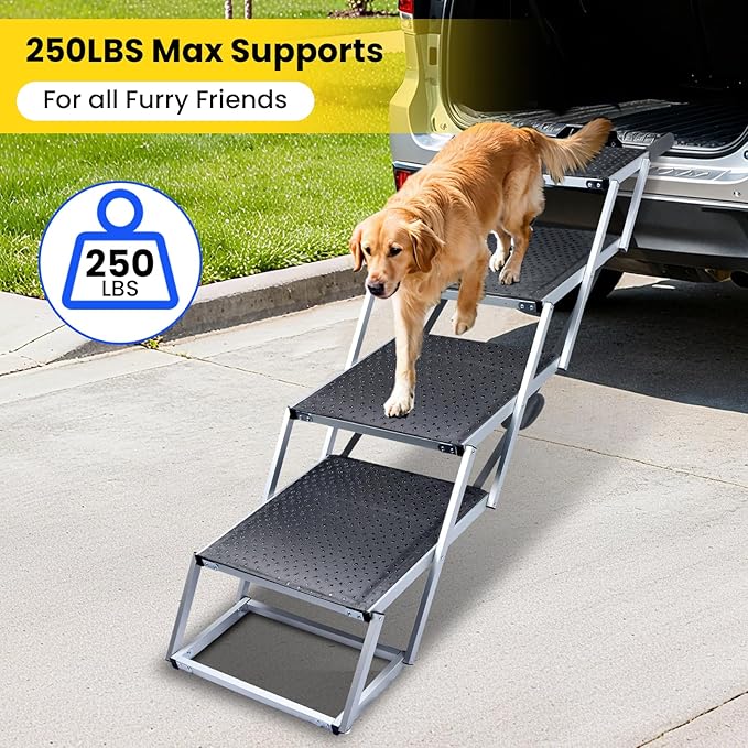 Dog Stairs for Large Dogs, Extra Wide Dog Ramp for Car with Non-Slip Surface, Folding and Portable Dog Car Ramp for SUV & Car, Outdoor, Supports up to 250 lbs, 4 Steps