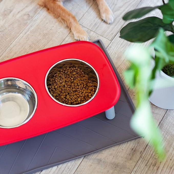 Messy Mutts Elevated Double Feeder with Stainless Bowls | Adjustable Height 3”, 5”, or 10” | Adjustable Standing Feeder for Dogs | 5 Cups per Bowl | Watermelon
