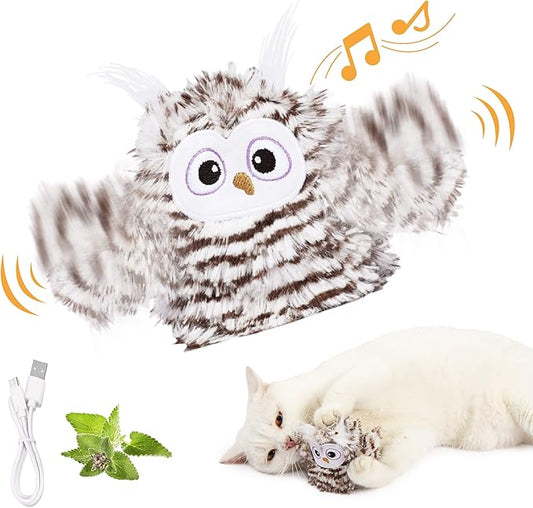 Interactive Cat Toy Rechargeable Automatic Chirping Owl Kitten Toy with Catnip, Auto Beating Wings Flying Bird Cat Toys for Indoor Cats to Play Alone, Never Boredom