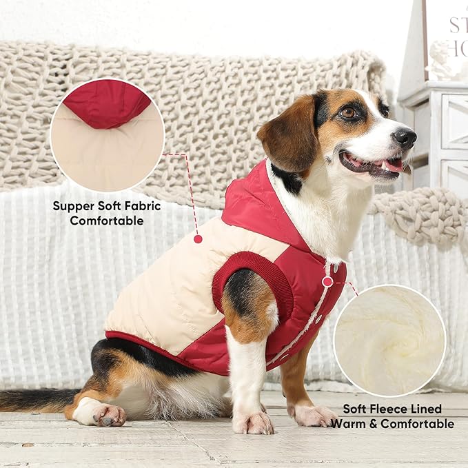 Fleece Lining Extra Warm Dog Hoodie in Winter for Medium Dogs Jacket Pet Coats with Hooded,Beige and Red L