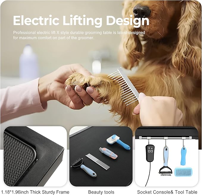Electric Pet Grooming Table for Large Dogs - Professional Heavy Duty Height Adjustable Pet Grooming Station with Anti Slip Tabletop, Two Nooses & Tool Organizer, Maximum Capacity Up to 250 lbs Black