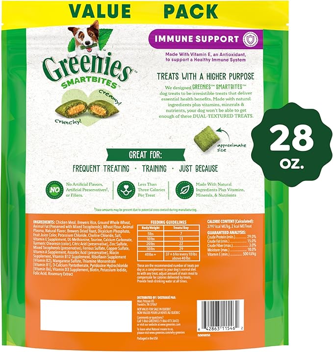 Greenies Smartbites Immune Support Crunchy & Soft Dog Treats, Chicken Flavor, 28 oz. Pack