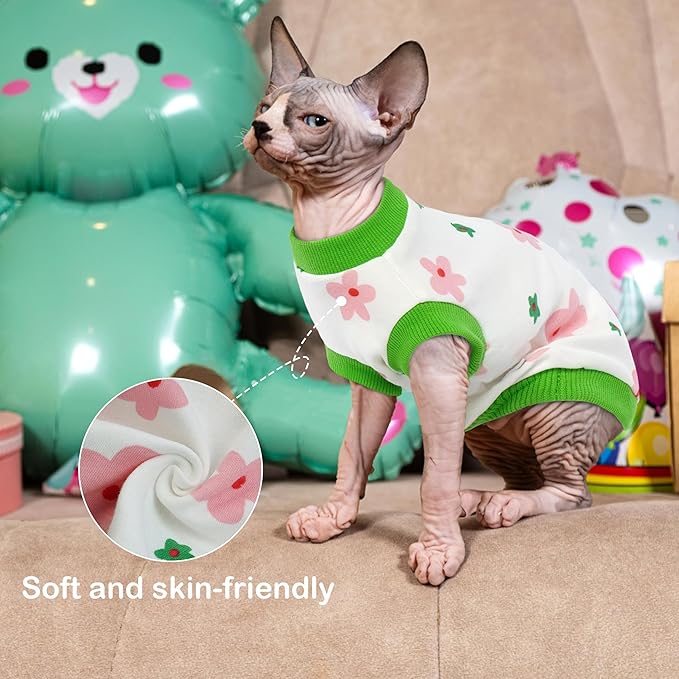 PUMYPOREITY Sphynx Cat Clothes: Stretchy Sweater, Soft Hairless Shirt, Pullover Pajamas, Turtleneck for Sphynx Cornish Rex, Devon Rex - Green, M