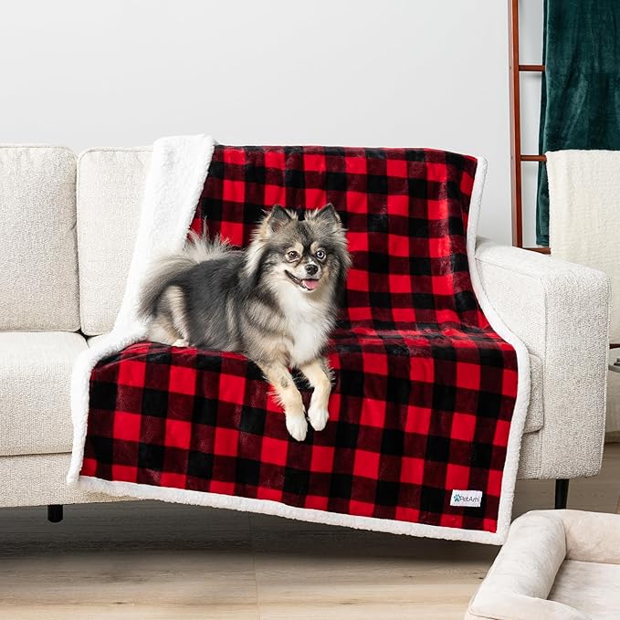 PetAmi Waterproof Dog Blanket for Medium Large Dog Puppy Cat Throw for Couch Cover Leakproof Protection, Sherpa Fleece, Reversible Soft Washable 60x40 Checker Plaid Red
