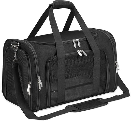 Soft-Sided Cat/Dog/Pet Carrier, Collapsible Pets Travel Carriers for Big Cats/Small Dogs with Shoulder Strap & Removable Mat, Mesh Puppy Carry Bag, Up to 25 Lbs(Black)