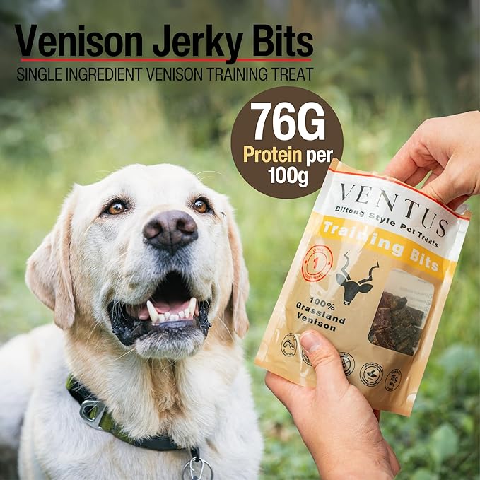 VENTUS Jerky Training Bits - Single Ingredient High Protein Venison Dog Training Treats, Grain-Free, Air-Dried Training Treats for Dogs 8 oz