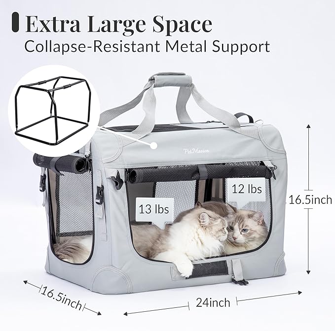 Extra Large Cat Carrier for 2 Cats, Soft Pet Car Travel XL Bag for Large Big Cat 20lbs+, for Two Cats Long Trips Ride 24"x16.5"x16.5" with Litter Box