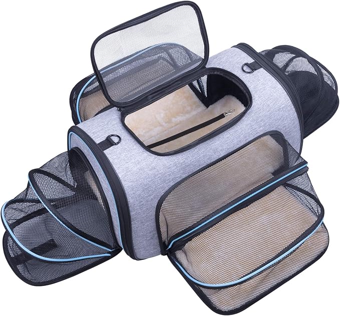 Siivton Pet Carrier Airline Approved, 4 Sides Expandable Cat Carrier Bag with Removable Fleece Pad, Large Soft Sided Pet Travel Carrier, Dog Carrier for Cats, Puppy and Small Dogs